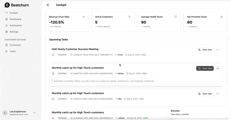 Automatically create and complete tasks with Beatchurn Customer Success Workflow Automation